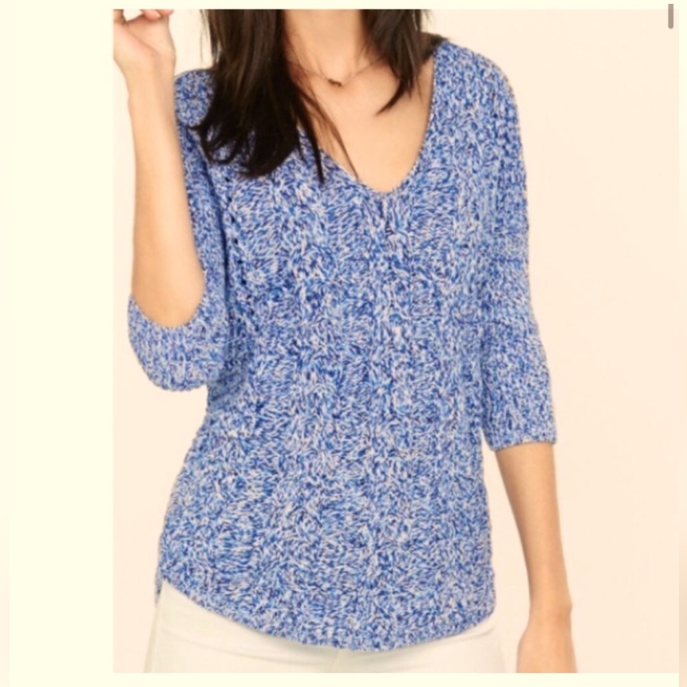 Express Woman’s Cable Knit Slouchy 3/4 Sleeve, V-Neck Sweater,Blue/White Color,M